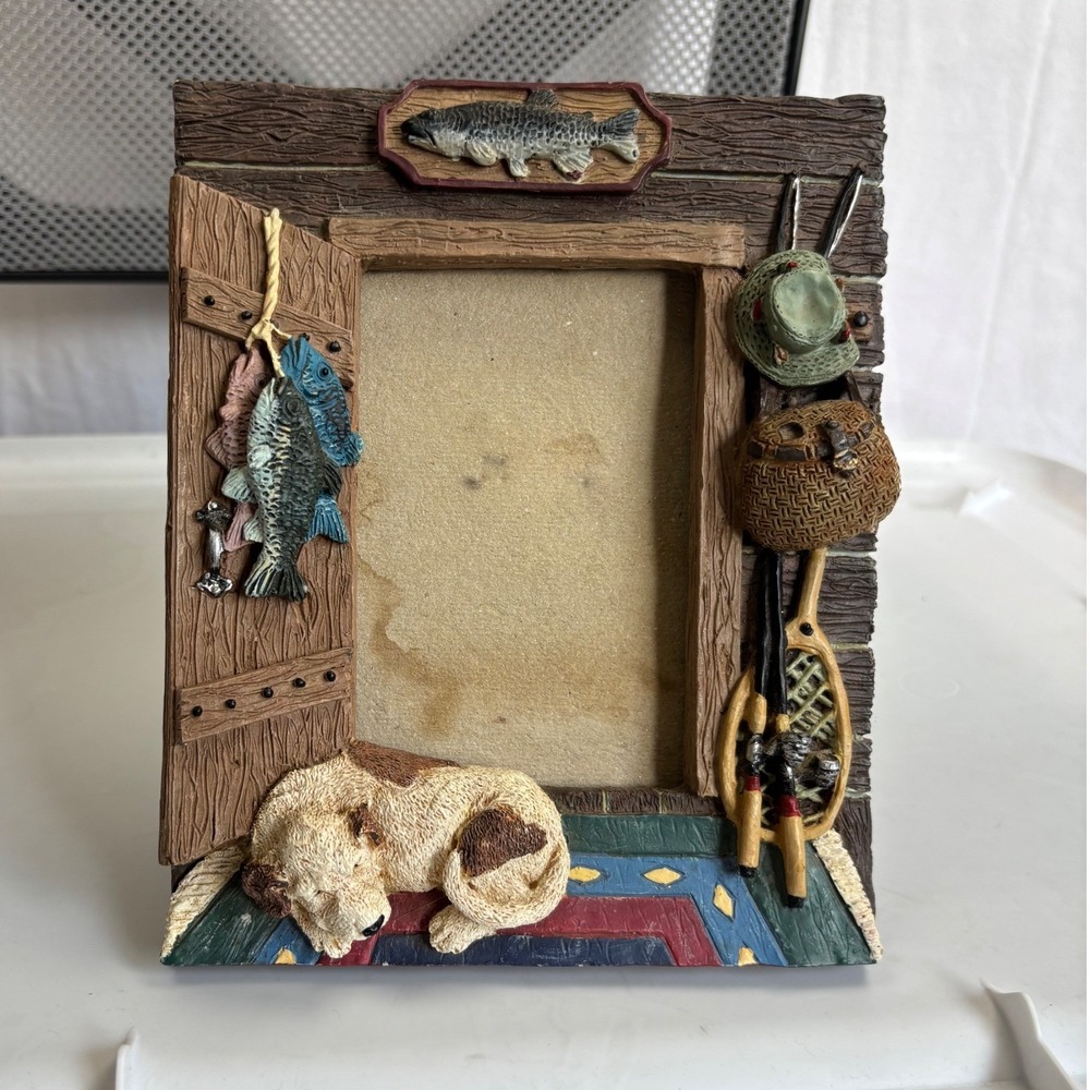 Vtg Figi Graphics Fishing Camp Photo Frame 3.5x5 Resin 3D Cabin Dog Trout 1993